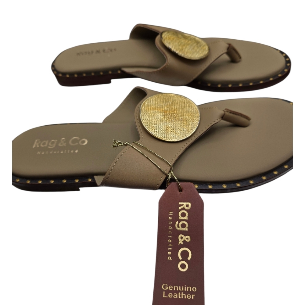 Rag & Co Leather Gold Medallion Thong Sandals 9.5 Quiet Luxury NWT